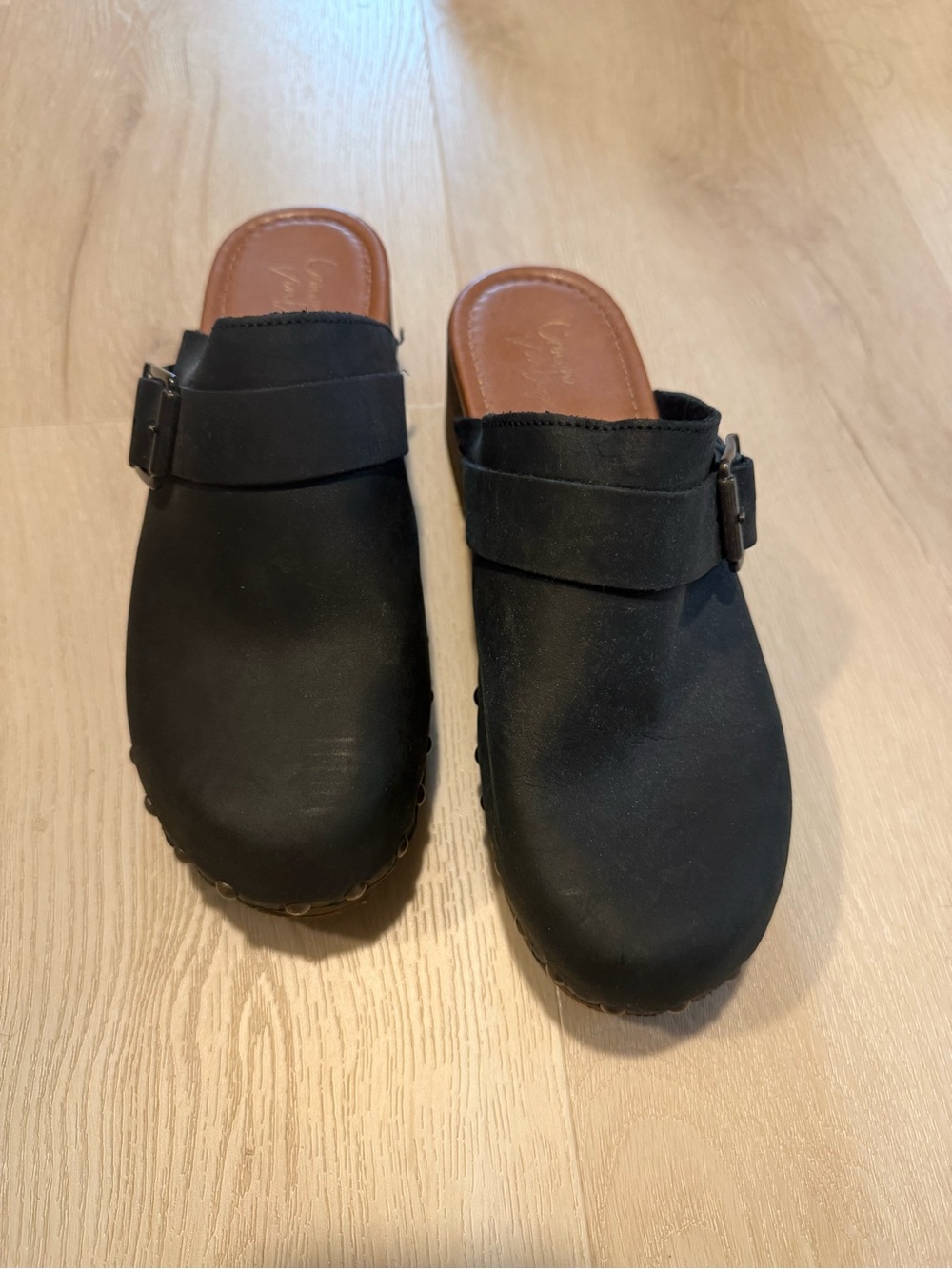 Crown Vintage Black Slip-On Clogs with Buckle and Studs